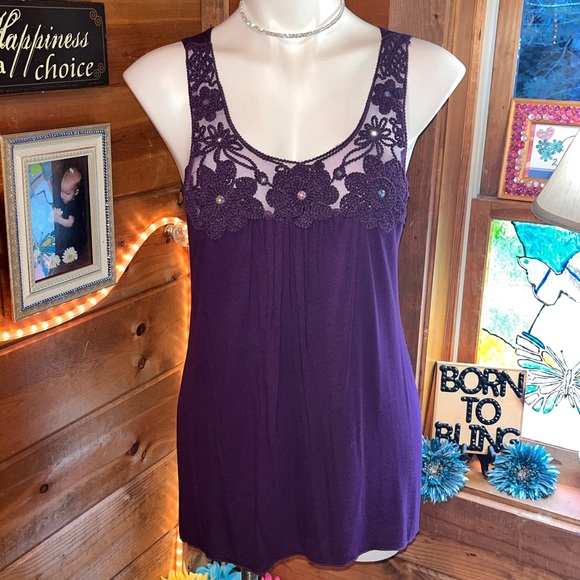 Gorgeous purple lacy bling tank top bling detail - Picture 3 of 7